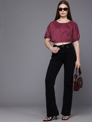 Freehand Maroon Women's Loose Fit Textured Crop Top