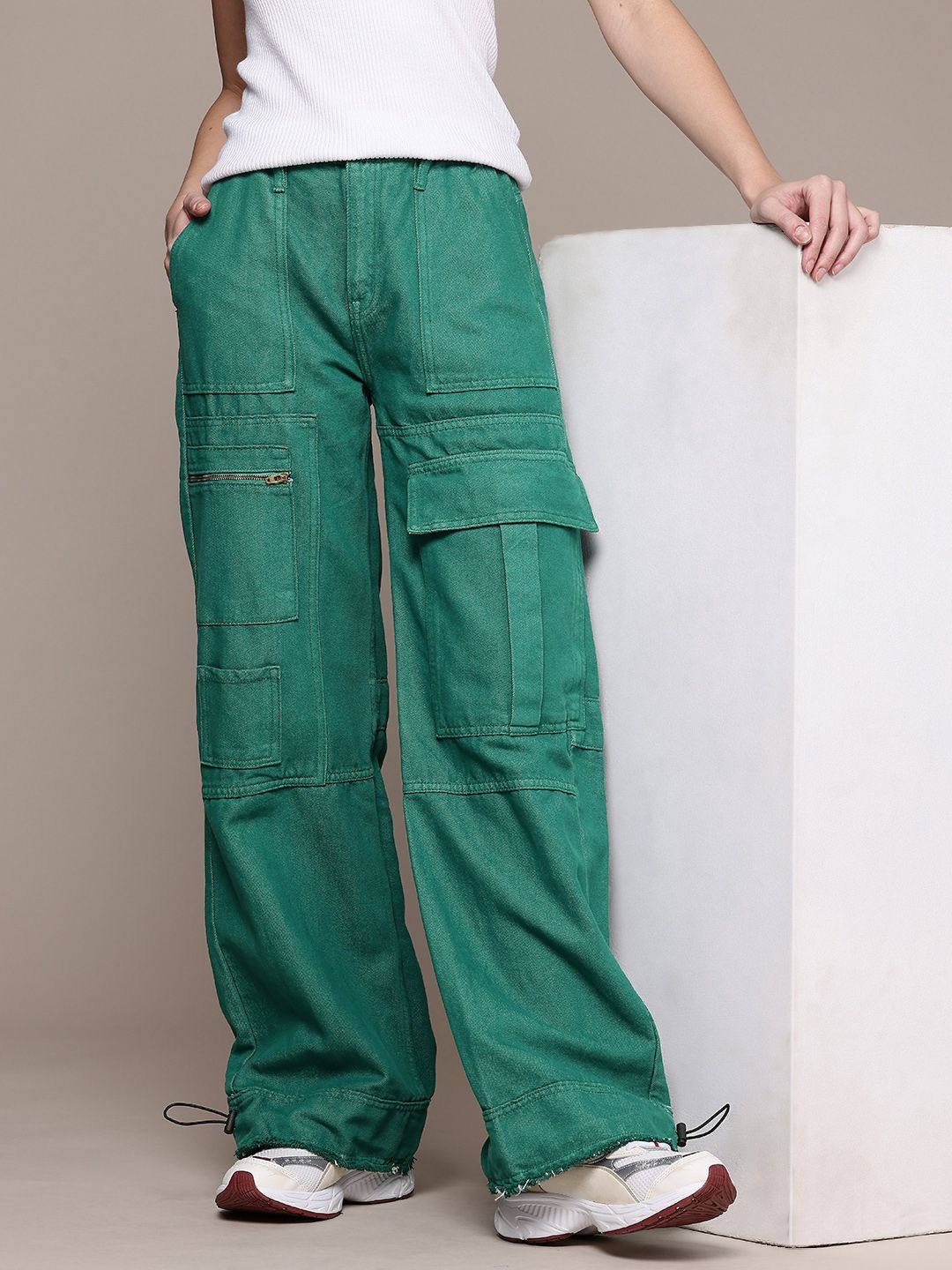 Women's Green Wide Leg Fit Utility Jeans