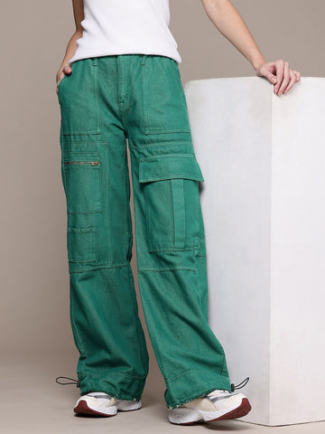Women's Green Wide Leg Fit Utility Jeans