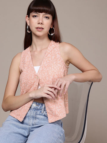 Freehand Peach Women's Fitted Textured Cinched Waist Top