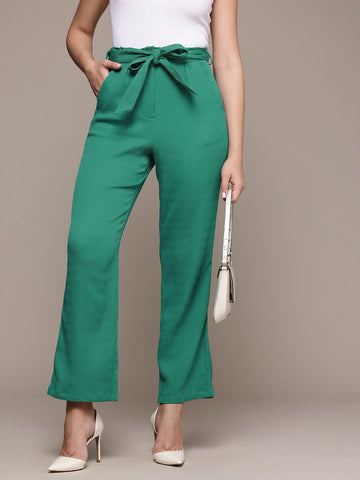 Women's Green Regular Fit Casual Trousers