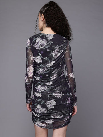 Freehand Women Fitted Floral Mesh Gathered Dress