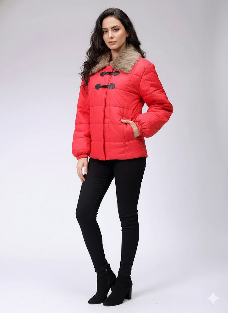 Women's Red Relaxed Fit Solid Puffer Jacket