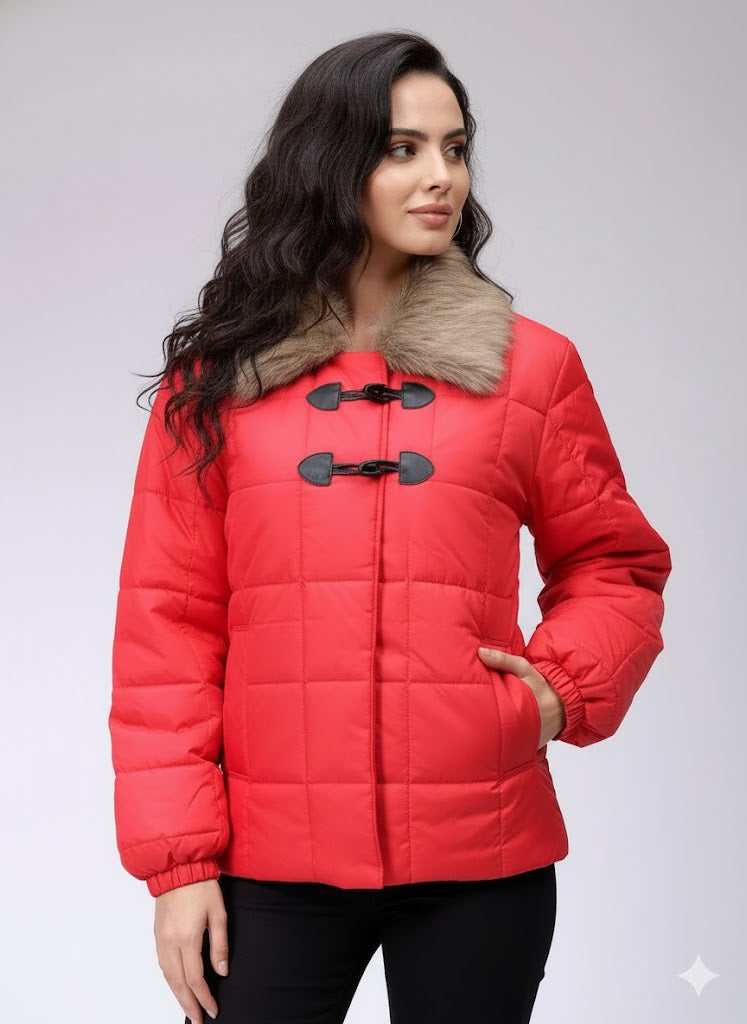 Women's Red Relaxed Fit Solid Puffer Jacket