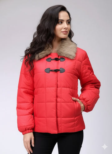 Women's Red Relaxed Fit Solid Puffer Jacket