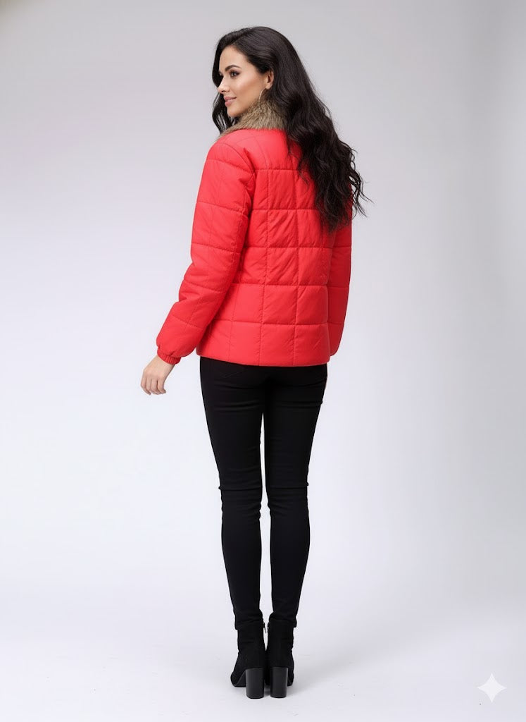 Women's Red Relaxed Fit Solid Puffer Jacket